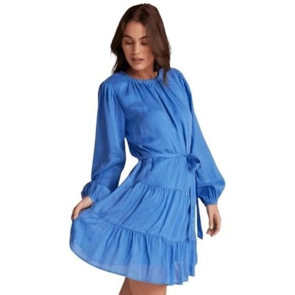 BELLA DAHL Tiered Mini Dress W/ Belt In Pacific Sea Size S NWT - Picture 1 of 11
